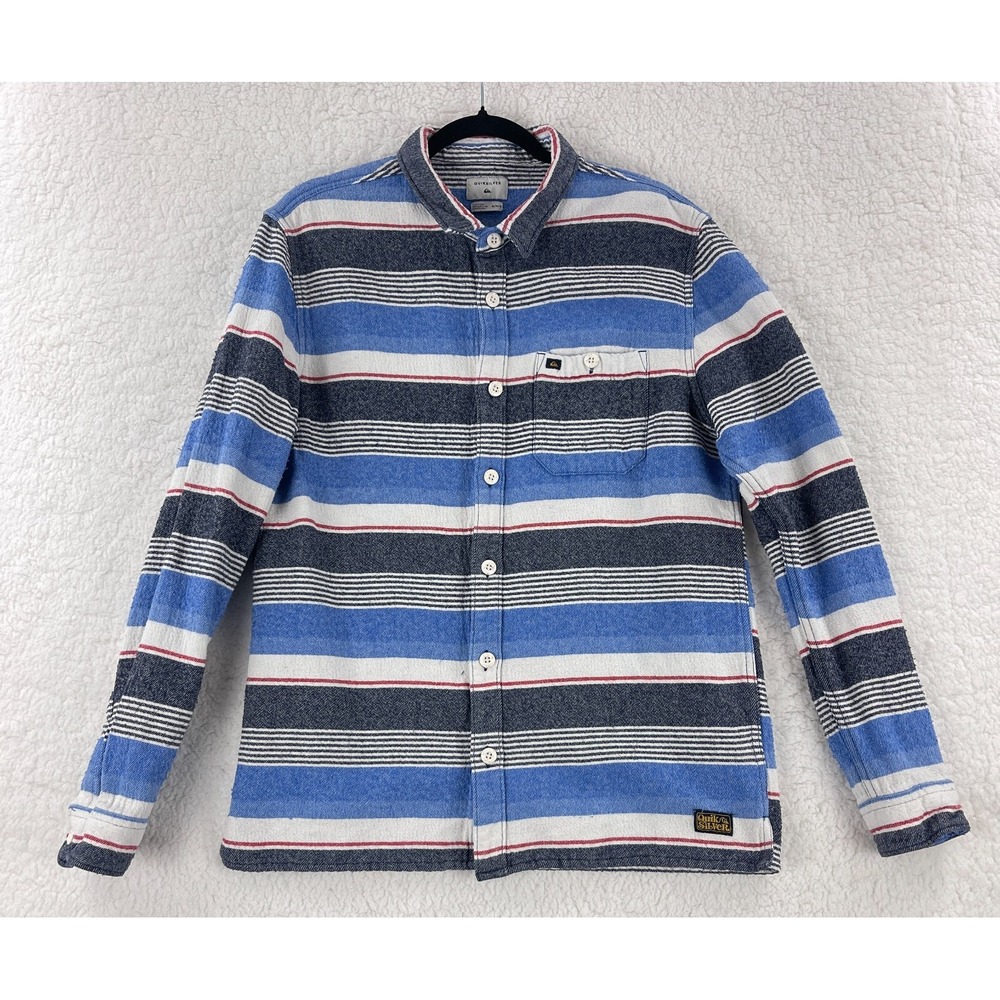 Quiksilver Button-Up Shirt Mens Medium Blue White Striped Flannel‎ Long Sleeve